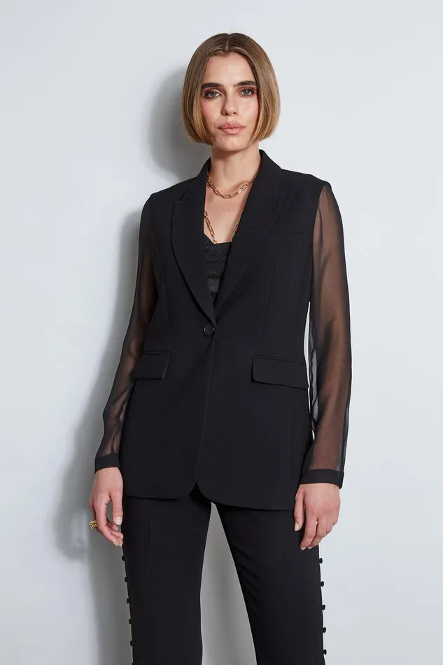 Elie Tahari Chiffon Combo Crepe Blazer Black Women Jackets and Blazers