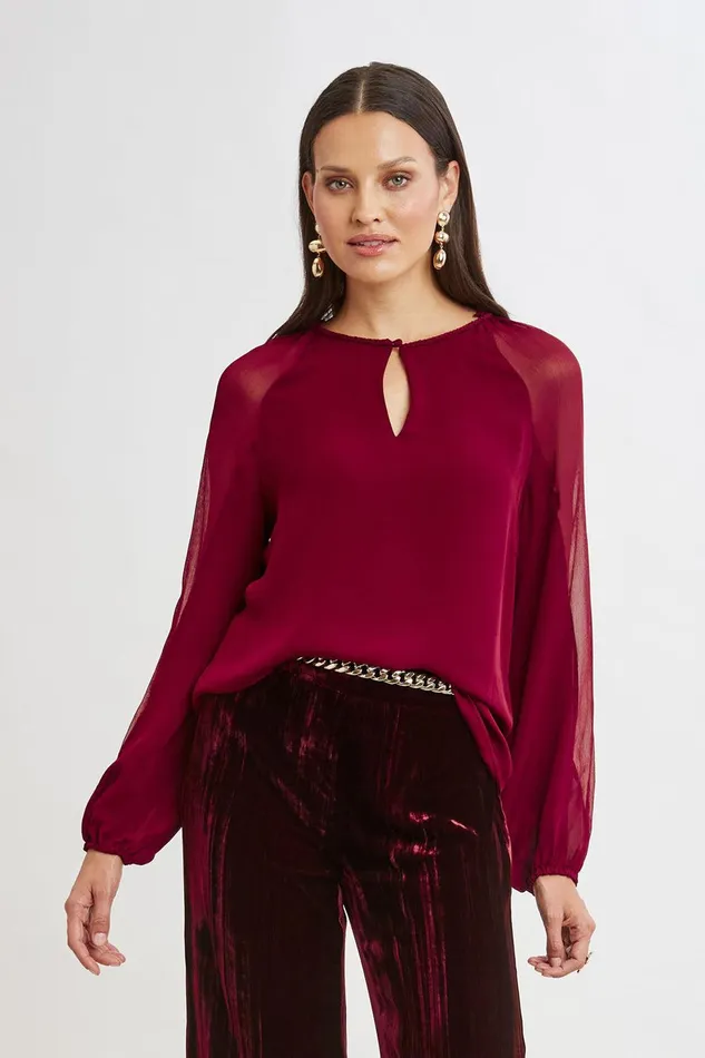 Elie Tahari Chiffon Combo Georgette Shirt Sangria Women Tops