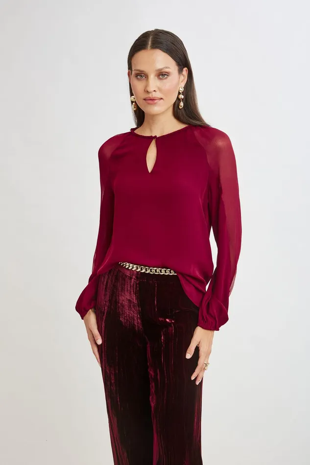 Elie Tahari Chiffon Combo Georgette Shirt Sangria Women Tops