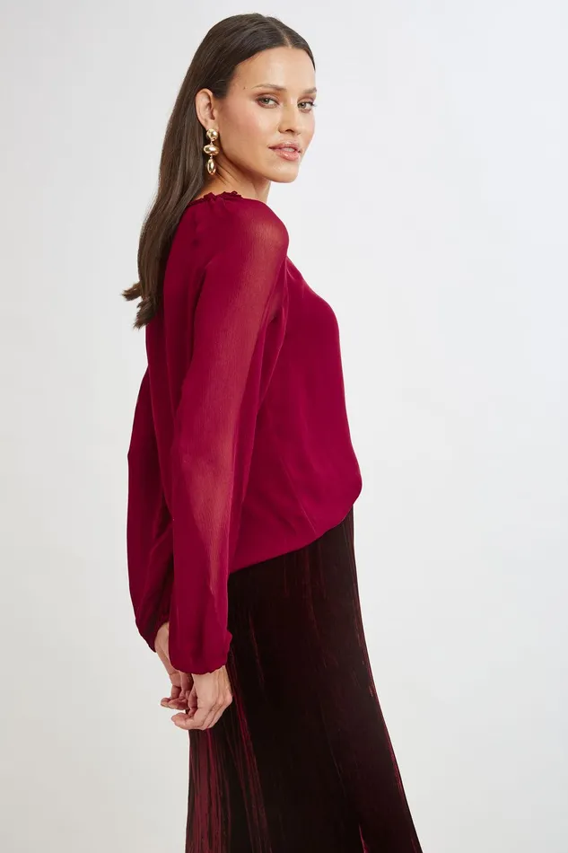 Elie Tahari Chiffon Combo Georgette Shirt Sangria Women Tops