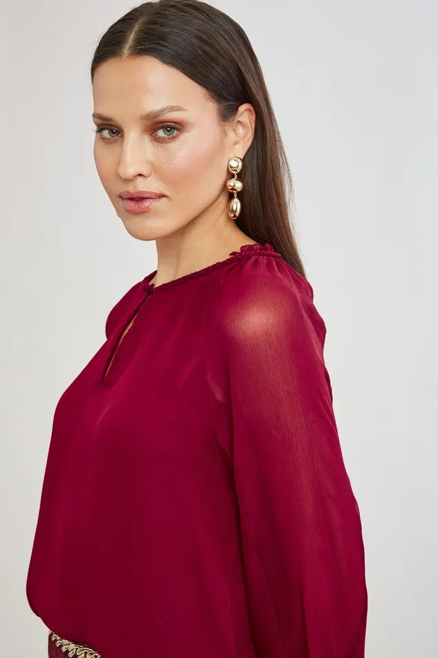 Elie Tahari Chiffon Combo Georgette Shirt Sangria Women Tops