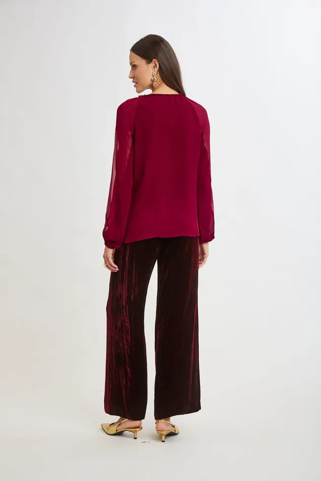 Elie Tahari Chiffon Combo Georgette Shirt Sangria Women Tops