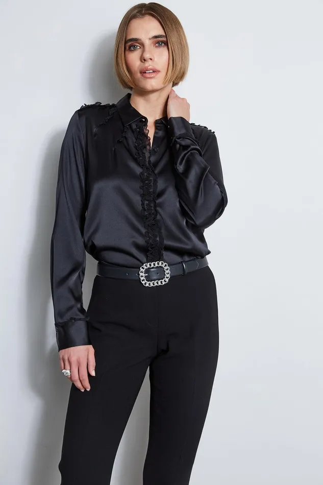 Elie Tahari Chiffon Ruffle Silk Satin Shirt Black Women Tops