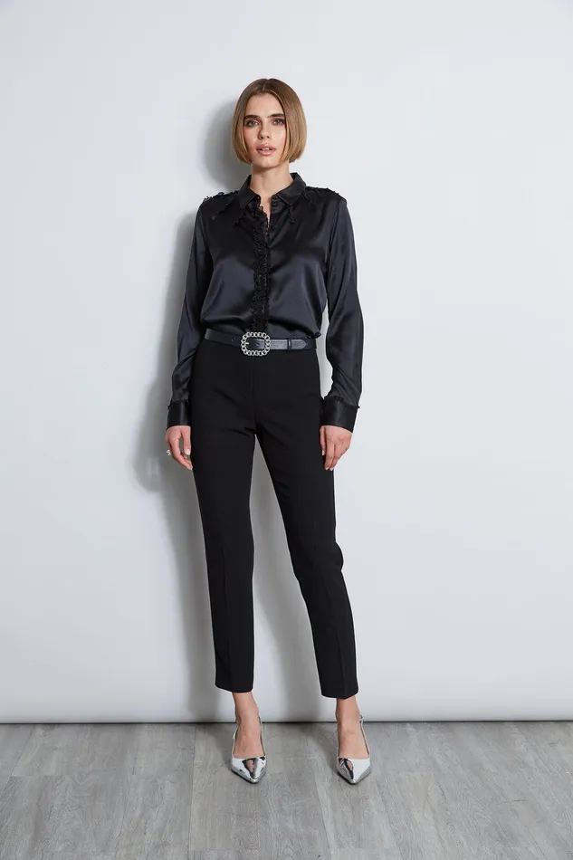 Elie Tahari Chiffon Ruffle Silk Satin Shirt Black Women Tops