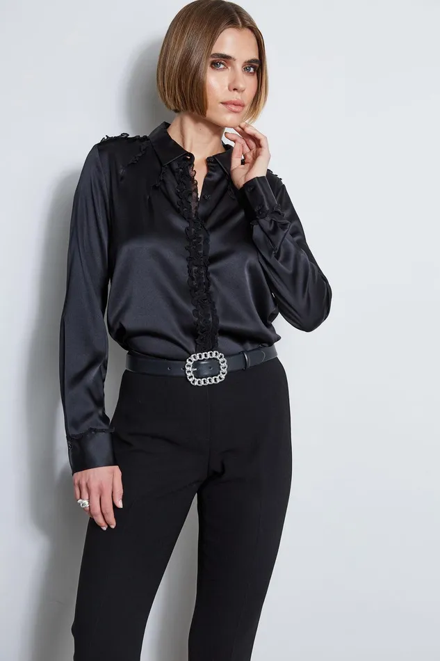 Elie Tahari Chiffon Ruffle Silk Satin Shirt Black Women Tops