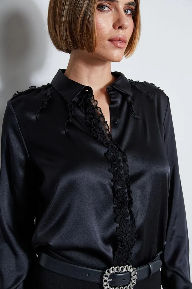 Elie Tahari Chiffon Ruffle Silk Satin Shirt Black Women Tops