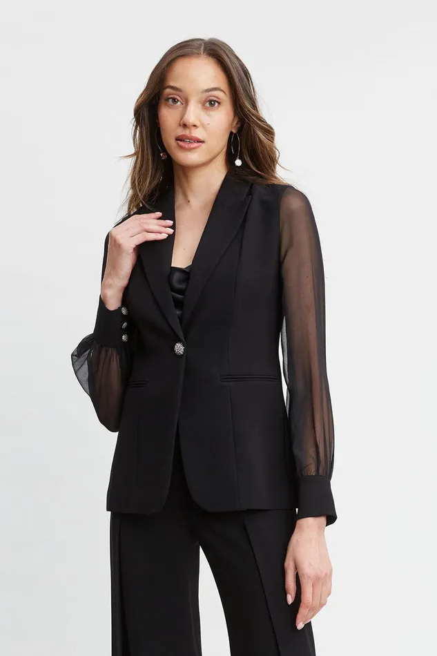 Elie Tahari Chiffon Sleeve Jewel Button Blazer Black Women Suiting