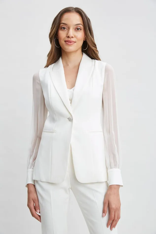 Elie Tahari Chiffon Sleeve Jewel Button Blazer Foam Women Jackets and Blazers