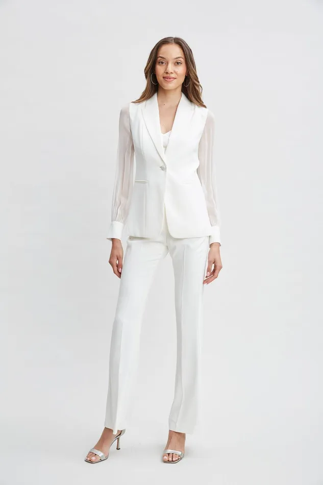 Elie Tahari Chiffon Sleeve Jewel Button Blazer Foam Women Jackets and Blazers