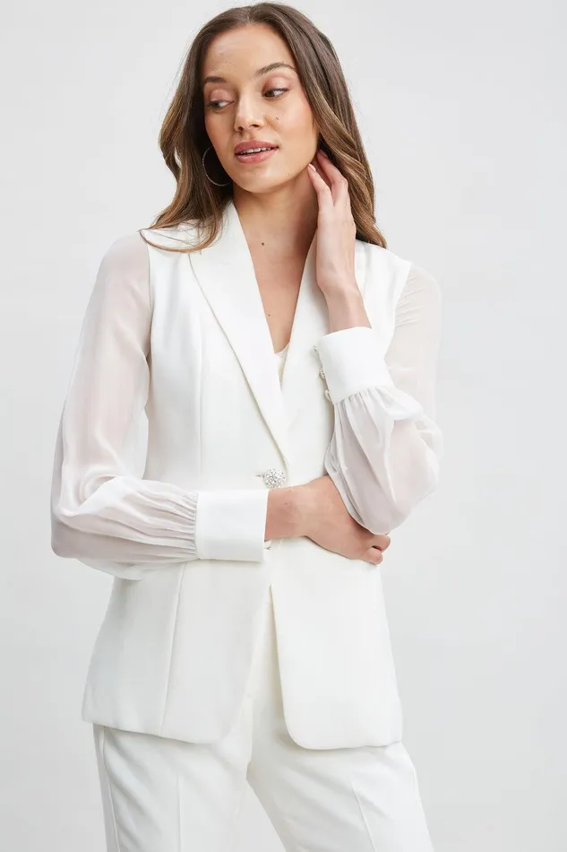 Elie Tahari Chiffon Sleeve Jewel Button Blazer Foam Women Jackets and Blazers