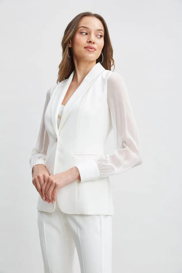 Elie Tahari Chiffon Sleeve Jewel Button Blazer Foam Women Jackets and Blazers