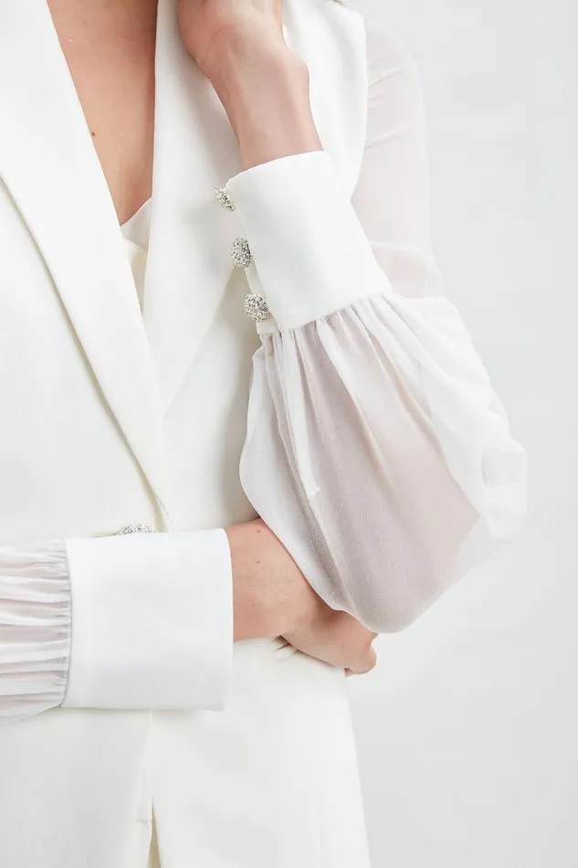 Elie Tahari Chiffon Sleeve Jewel Button Blazer Foam Women Jackets and Blazers