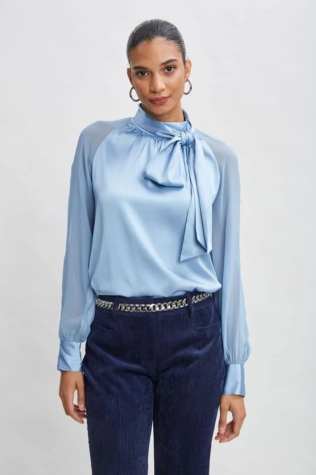 Elie Tahari Chiffon Sleeve Silk Satin Tie Shirt Sky Blue Women Tops