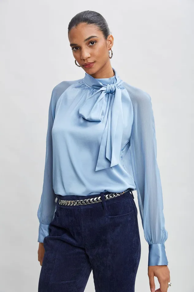 Elie Tahari Chiffon Sleeve Silk Satin Tie Shirt Sky Blue Women Tops