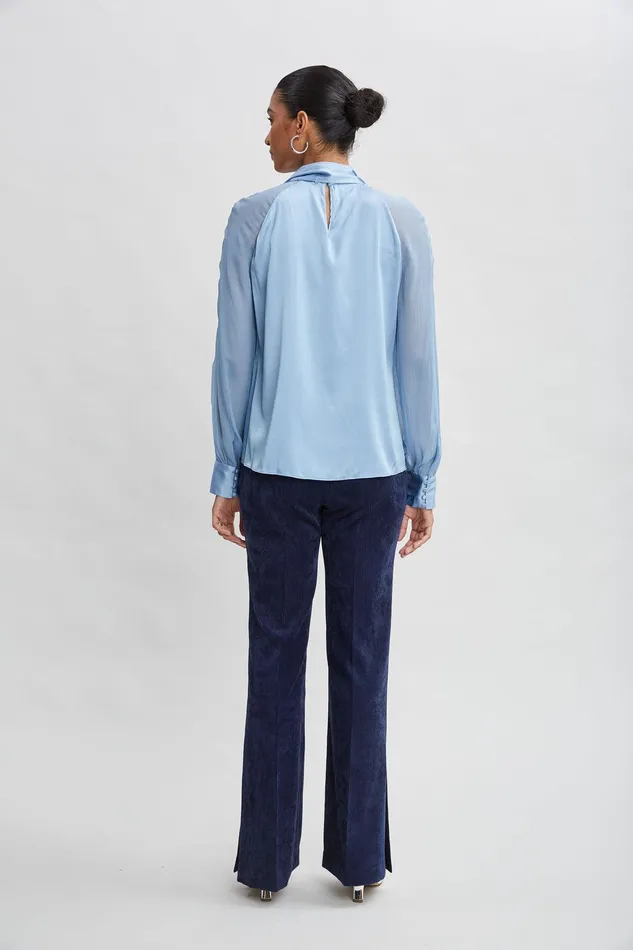 Elie Tahari Chiffon Sleeve Silk Satin Tie Shirt Sky Blue Women Tops