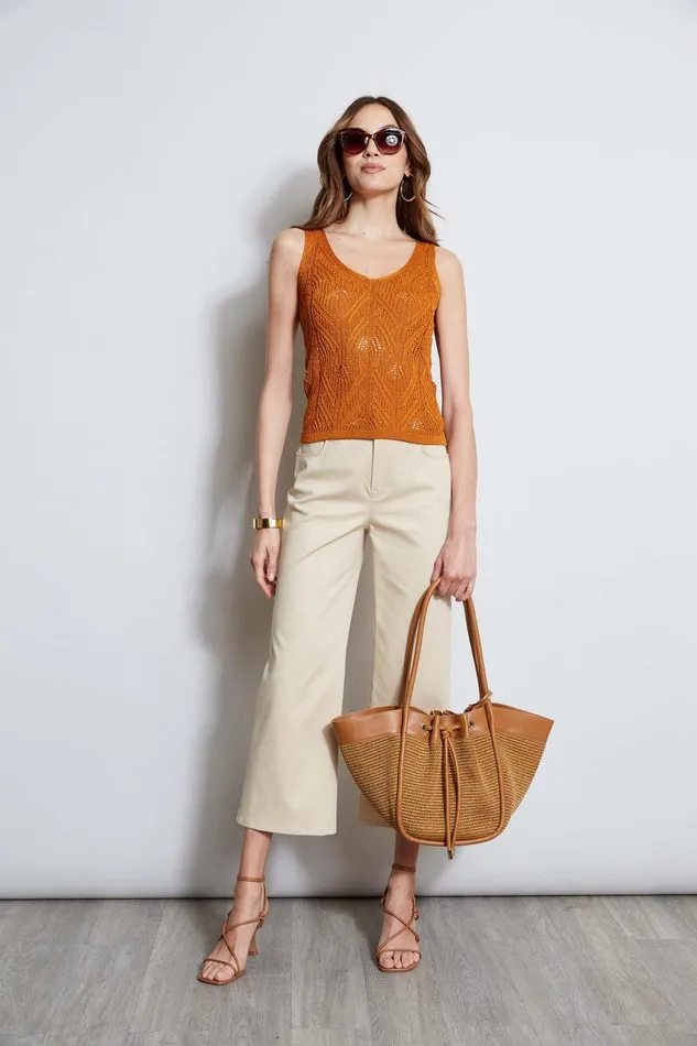 Elie Tahari Cotton Crochet VNeck Sweater Ginger Women Tops