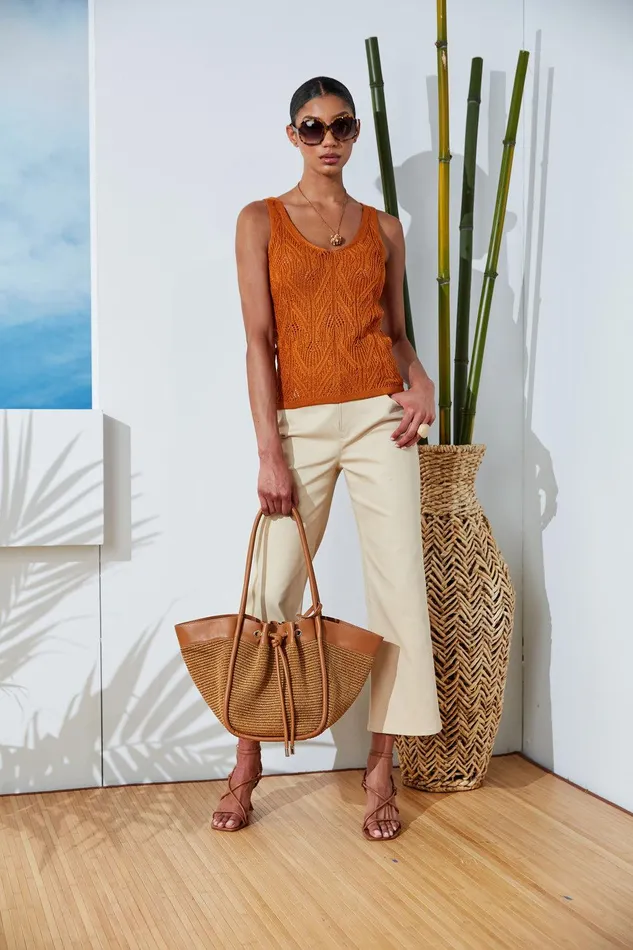 Elie Tahari Cotton Crochet VNeck Sweater Ginger Women Tops