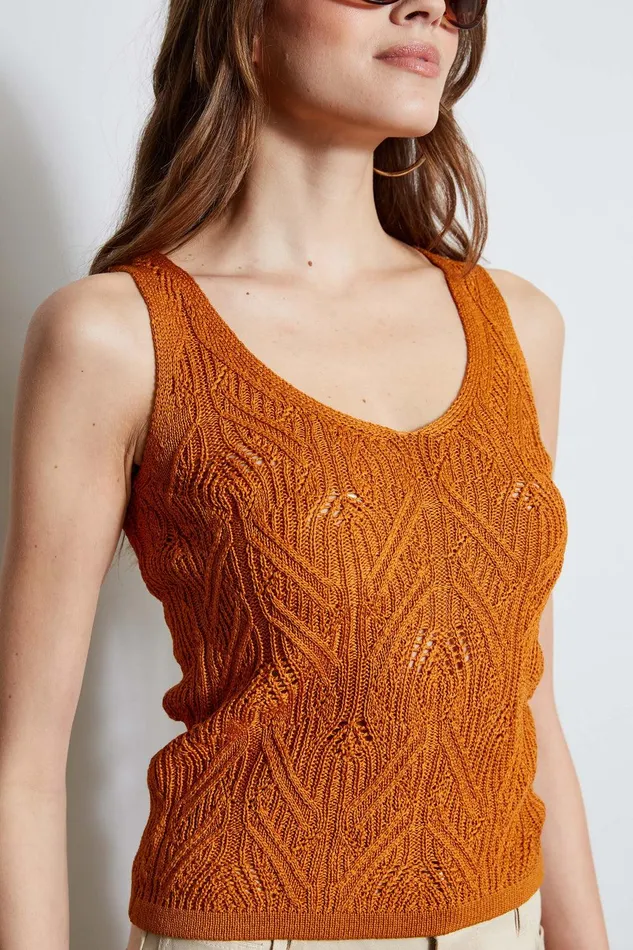 Elie Tahari Cotton Crochet VNeck Sweater Ginger Women Tops
