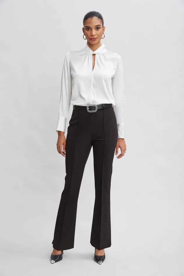 Elie Tahari Crepe Seam Slit Flare Pant Black Women Bottoms