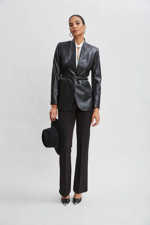 Elie Tahari Crepe Seam Slit Flare Pant Black Women Bottoms