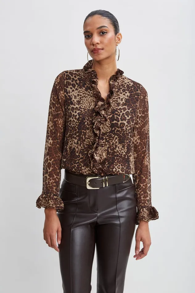 Elie Tahari Crinkle Chiffon Safari Blouson Shirt Multi Women Tops