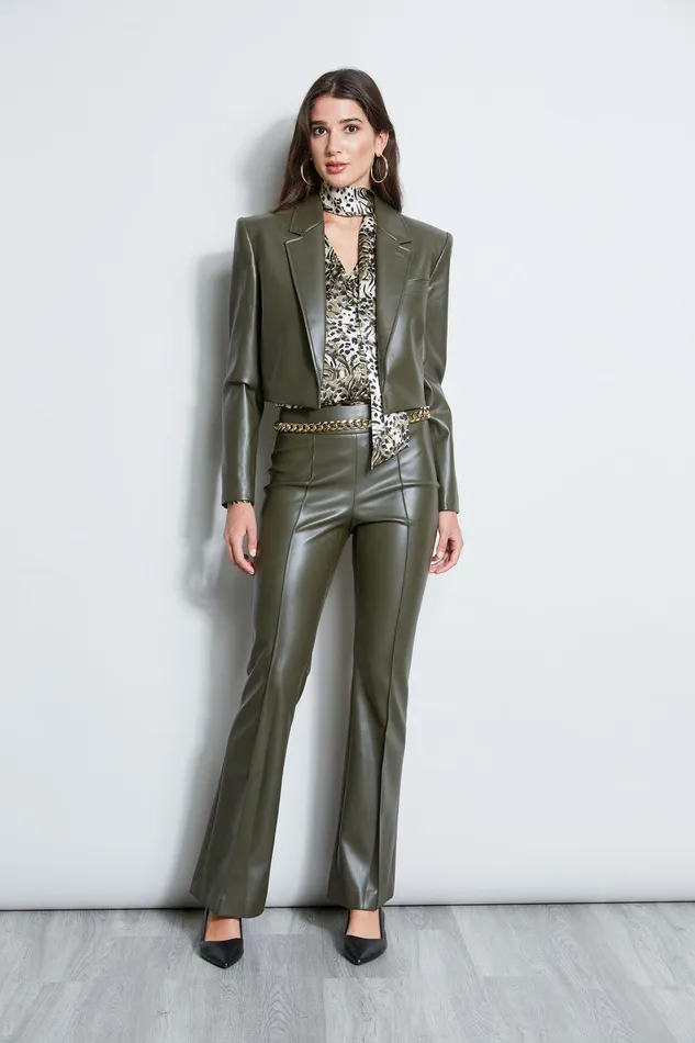 Elie Tahari Cropped Vegan Leather Jacket Olive Women Jackets and Blazers