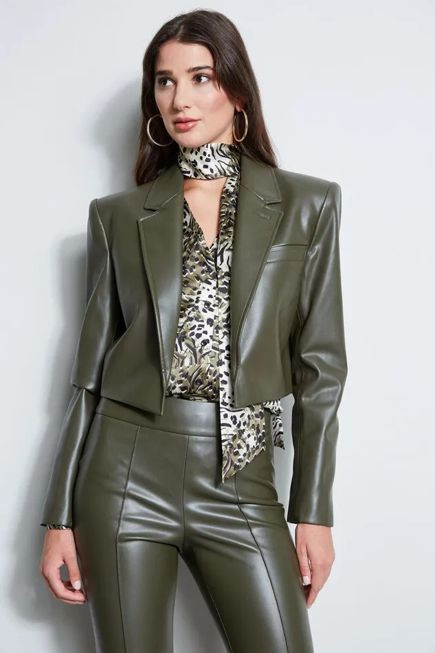 Elie Tahari Cropped Vegan Leather Jacket Olive Women Jackets and Blazers