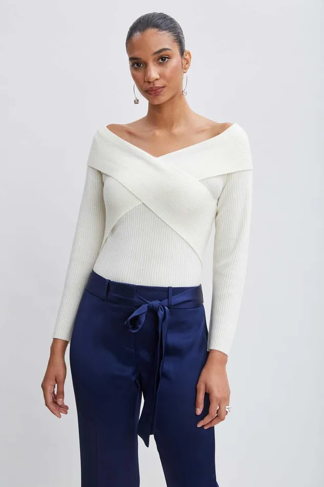 Elie Tahari Cross Shoulder Cashmere Merino Sweater Snow Women Tops