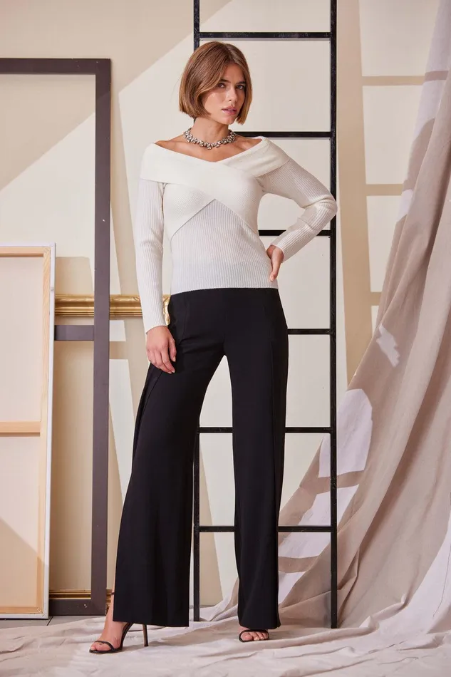 Elie Tahari Cross Shoulder Cashmere Merino Sweater Snow Women Tops