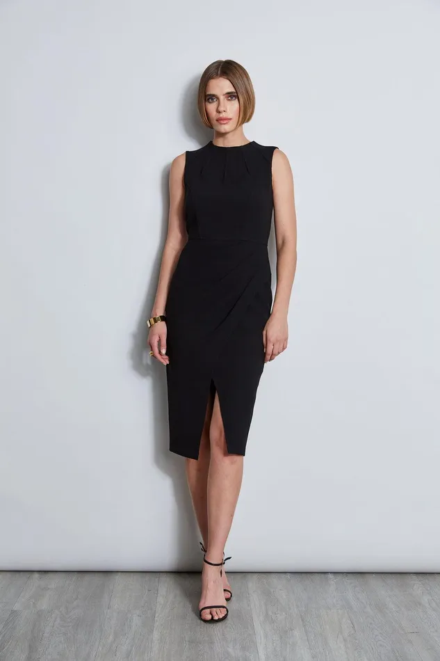 Elie Tahari Dart Neck Faux Wrap Dress Black Women Dresses and Jumpsuits