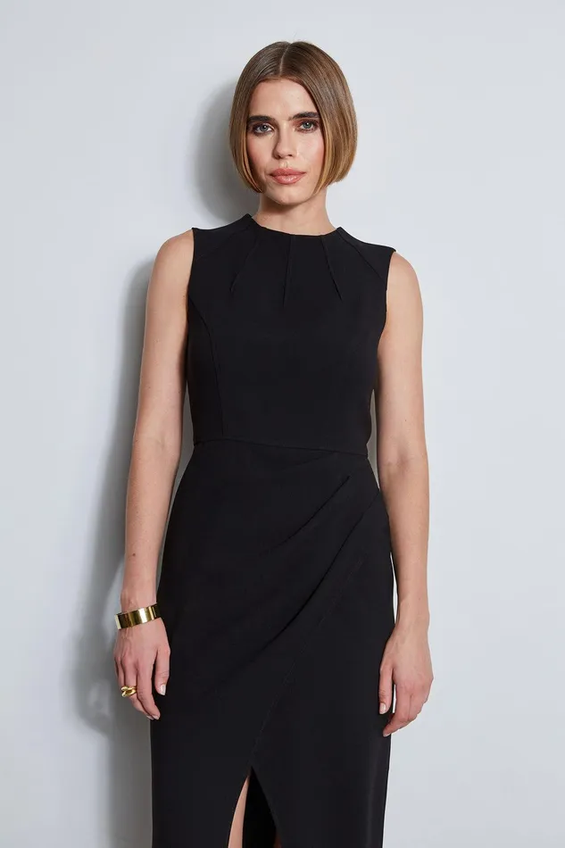 Elie Tahari Dart Neck Faux Wrap Dress Black Women Dresses and Jumpsuits