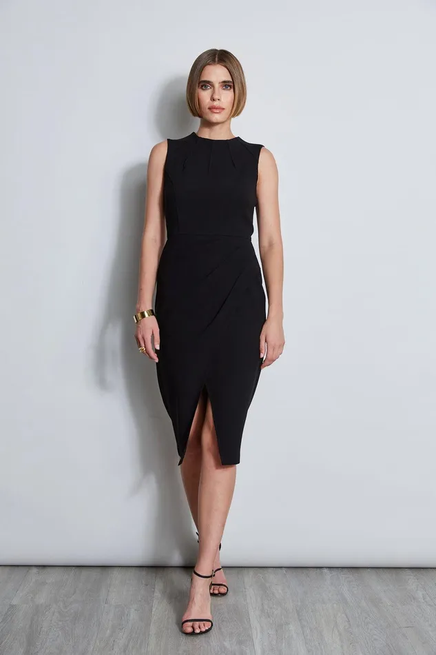 Elie Tahari Dart Neck Faux Wrap Dress Black Women Dresses and Jumpsuits