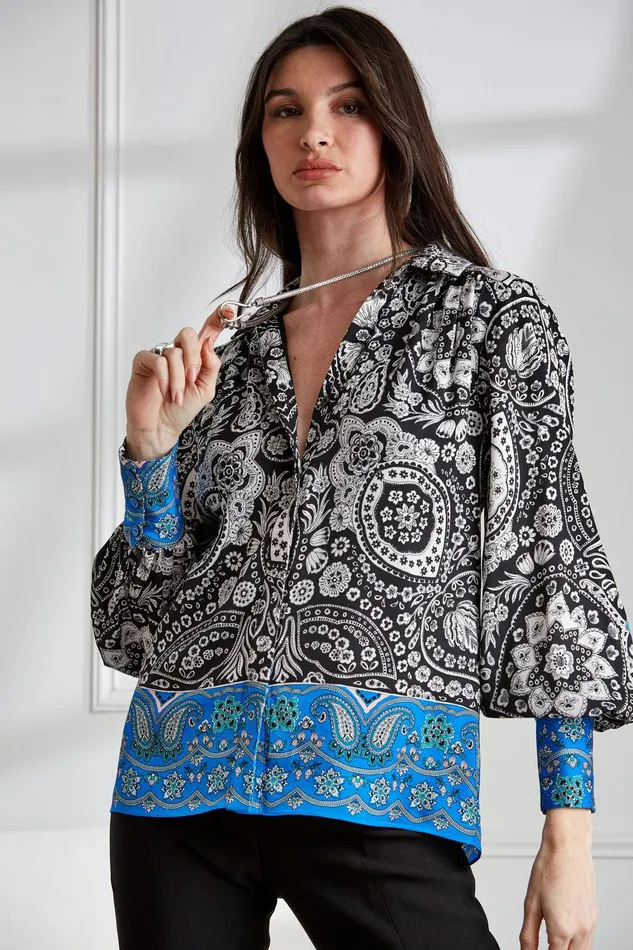 Elie Tahari Eclipse Scarf Print Shirt Eclipse Floral Print Women Tops