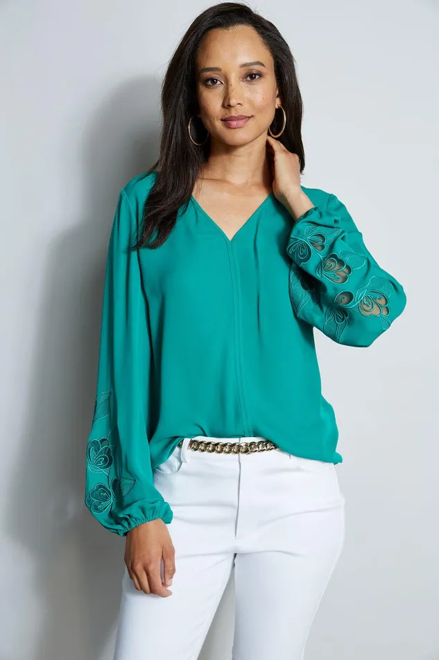 Elie Tahari Embroidered Long Sleeve Shirt Tahiti Green Women Tops