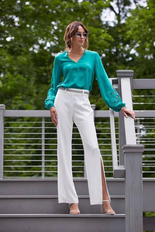 Elie Tahari Embroidered Long Sleeve Shirt Tahiti Green Women Tops