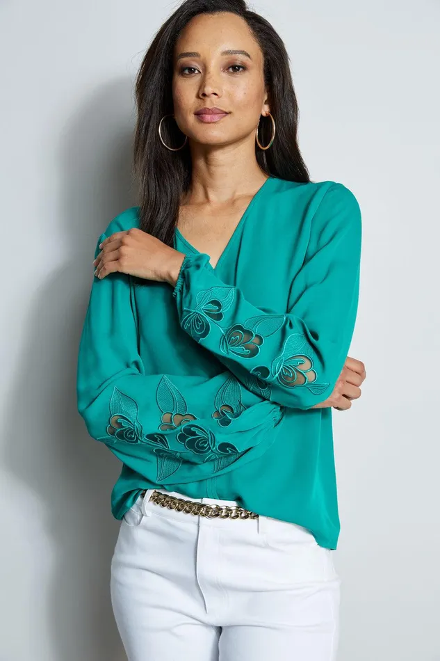 Elie Tahari Embroidered Long Sleeve Shirt Tahiti Green Women Tops