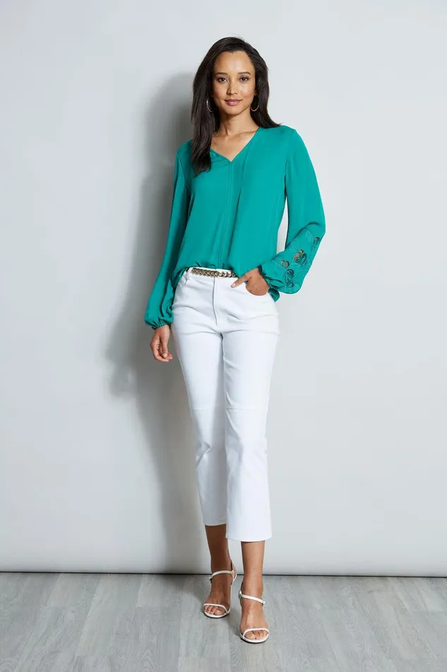 Elie Tahari Embroidered Long Sleeve Shirt Tahiti Green Women Tops