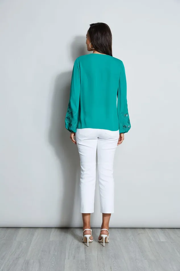 Elie Tahari Embroidered Long Sleeve Shirt Tahiti Green Women Tops