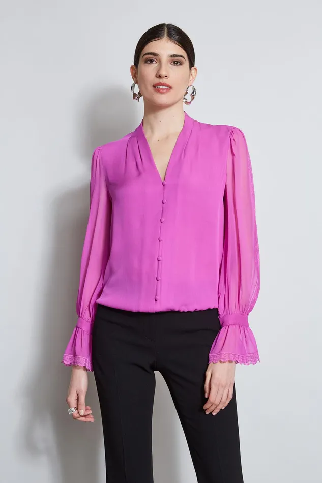 Elie Tahari Embroidered Sleeve Blouson Shirt Peony Women Tops