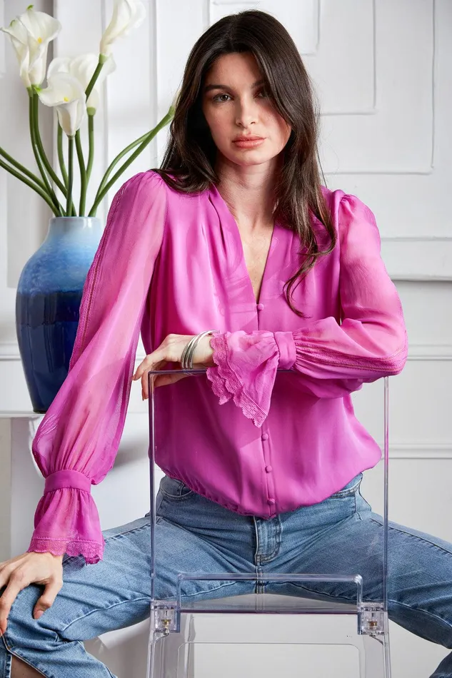 Elie Tahari Embroidered Sleeve Blouson Shirt Peony Women Tops