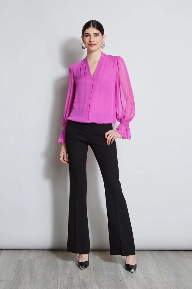 Elie Tahari Embroidered Sleeve Blouson Shirt Peony Women Tops