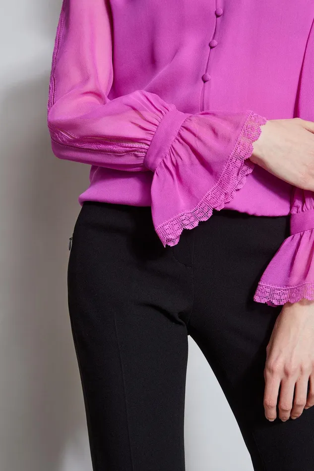 Elie Tahari Embroidered Sleeve Blouson Shirt Peony Women Tops
