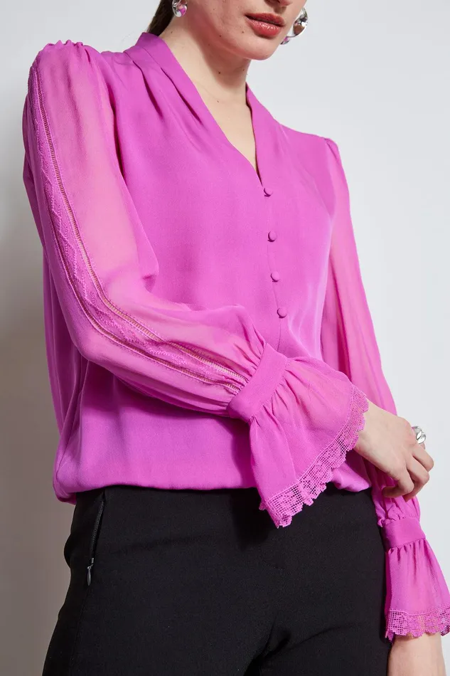 Elie Tahari Embroidered Sleeve Blouson Shirt Peony Women Tops