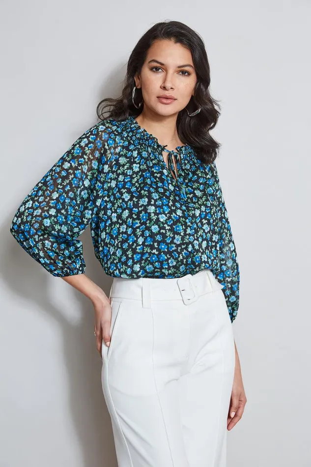 Elie Tahari Floral Neck Tie Shirt Forget Me Not Print Women Tops