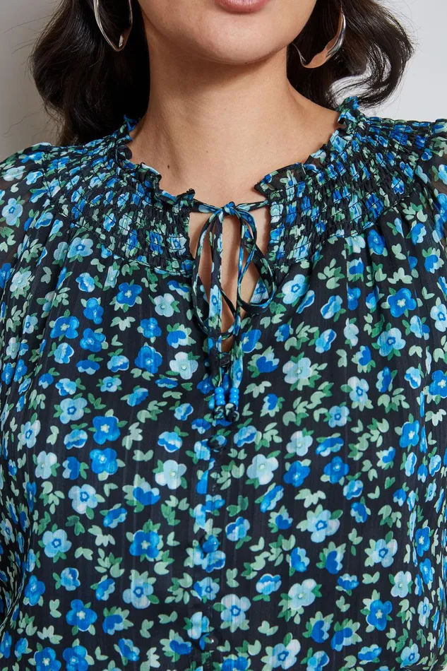 Elie Tahari Floral Neck Tie Shirt Forget Me Not Print Women Tops