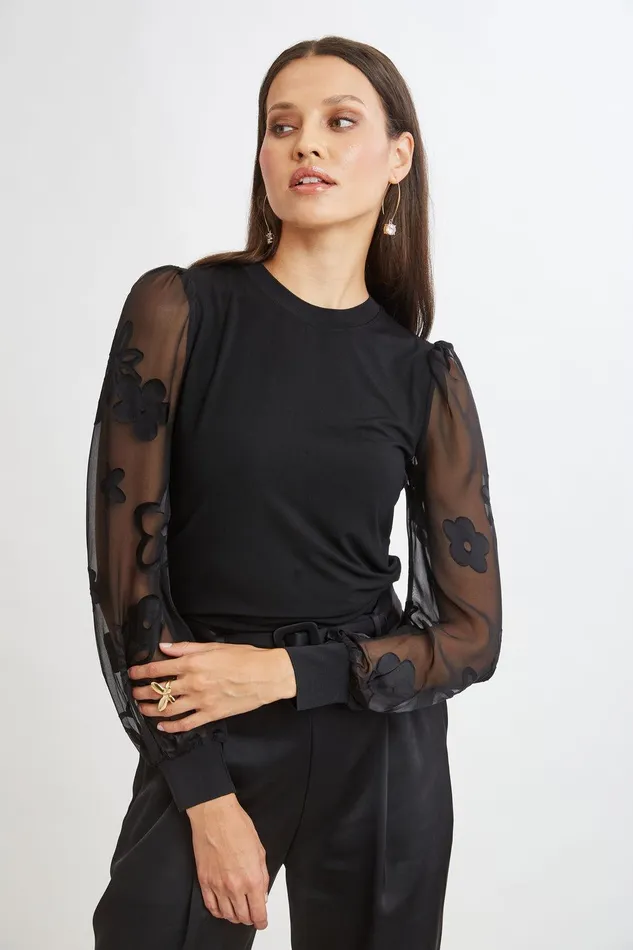 Elie Tahari Floral Satin Burnout Combo Knit Black Women Tops