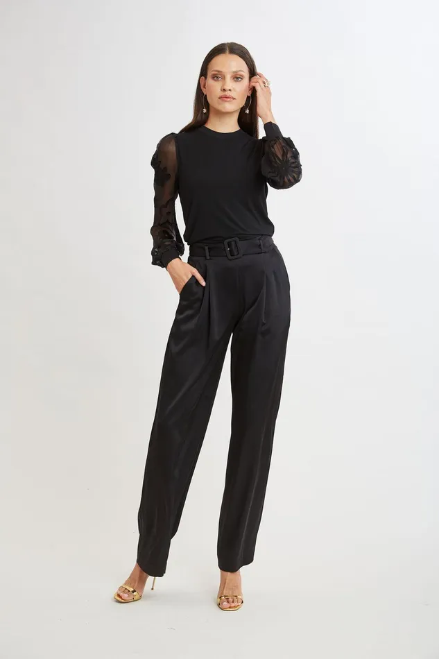 Elie Tahari Floral Satin Burnout Combo Knit Black Women Tops
