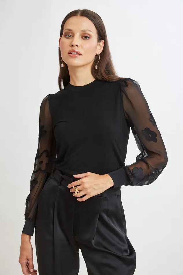 Elie Tahari Floral Satin Burnout Combo Knit Black Women Tops