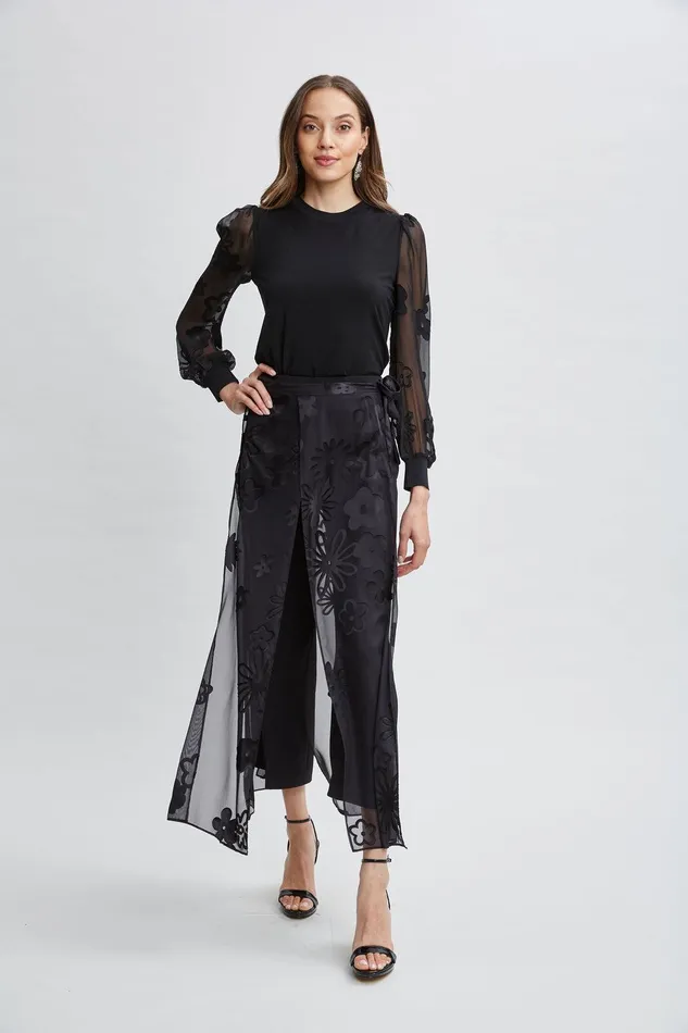 Elie Tahari Floral Satin Burnout Combo Knit Black Women Tops