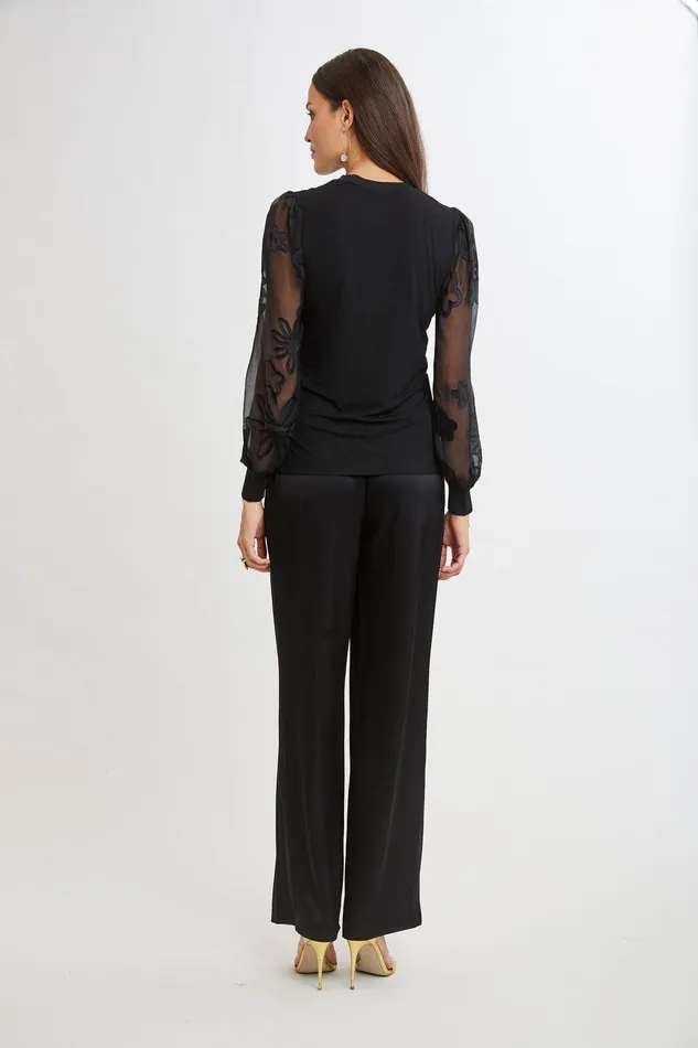 Elie Tahari Floral Satin Burnout Combo Knit Black Women Tops